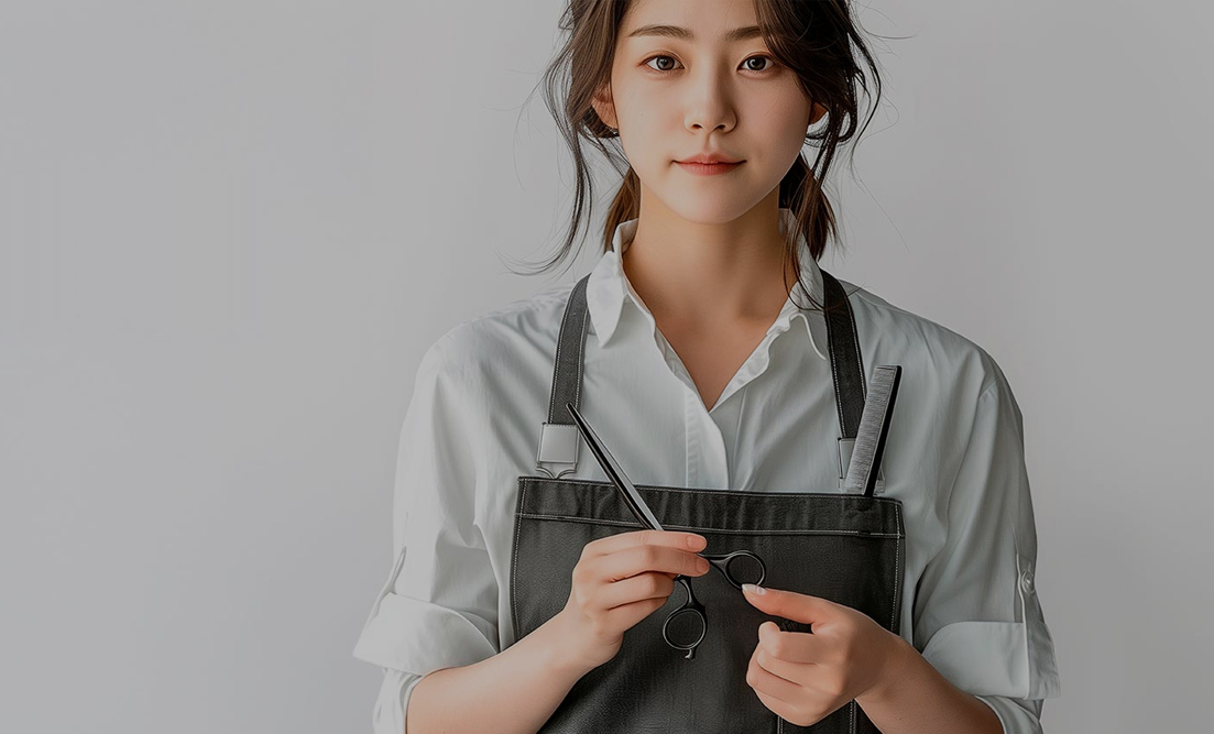 미장 복장으로 가위를 들고 있는 여성의 모습