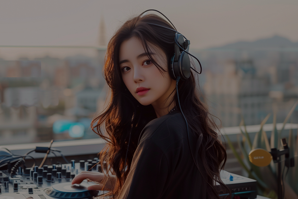 야외에서 디제잉 믹싱 장비를 컨트롤하는 여성의 사진